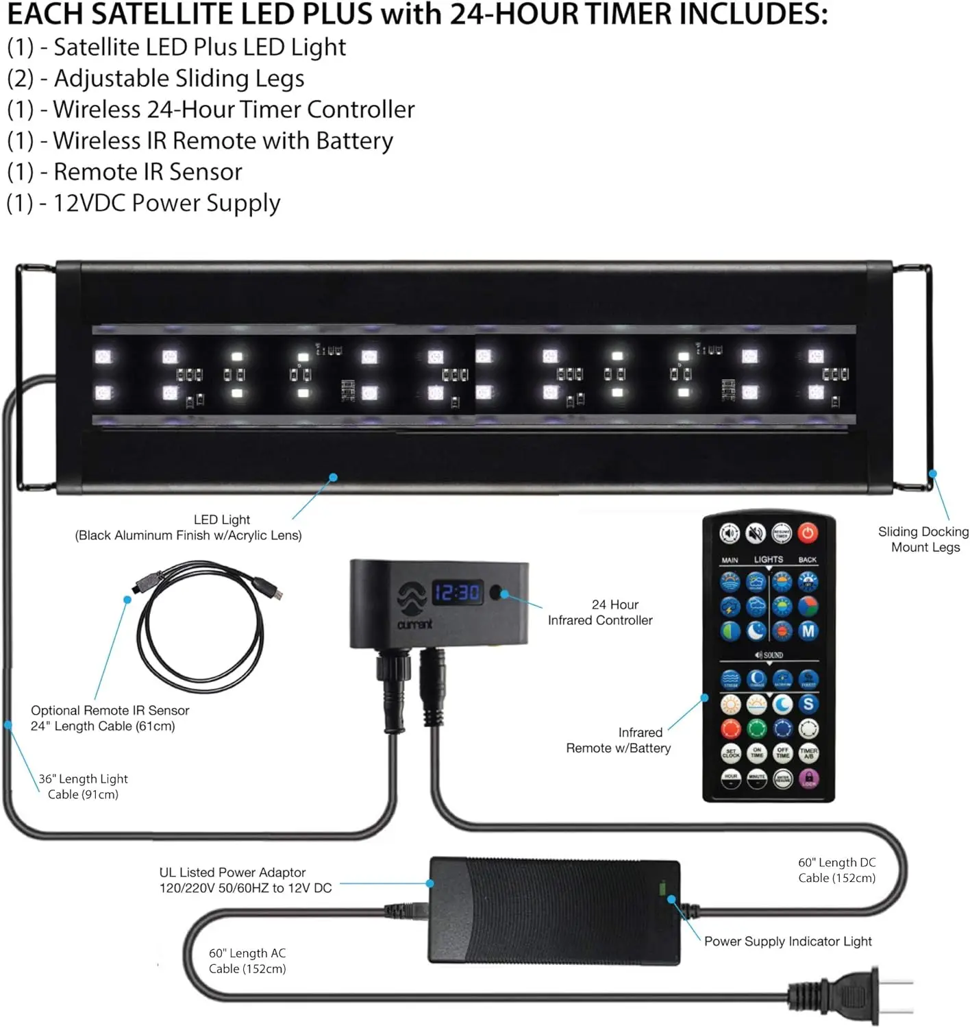 rent Usa 24-36"" Inch Satellite Freshwater Led Plus Full Spectrum Rgb+W Light For Aquariums | Wireless 24 Hour Remote