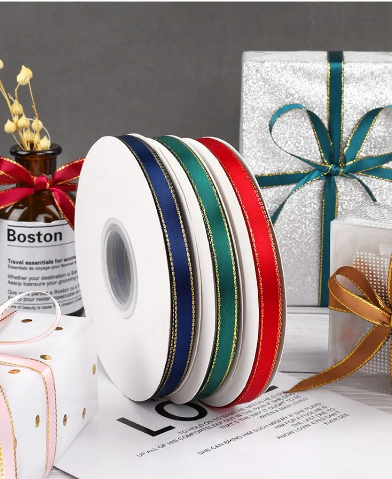 50 Yards/Roll 1cm Glitter Gold Edge Satin Ribbons Christmas Wedding Decoration For Hair Bows Gift Baking Bouquet Wrap Ribbons