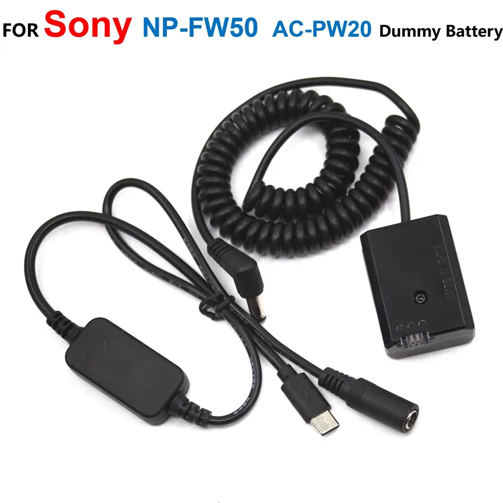 NP-FW50 AC-PW20 Dummy Battery+USB Type-C Spring Power Cable For Sony NEX-F3 NEX-5R NEX-6 A3500 A5000 A6000 A7R A7S ZV-E10 RX10