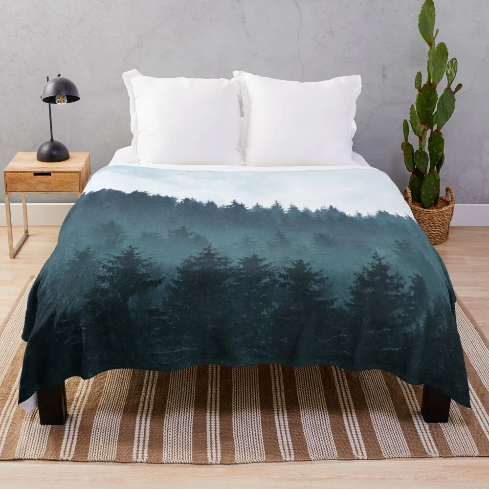 Euphoria // Winter Vibes Vintage Fairytale Snow Forest With Cascadia Trees Covered In Magic Blue Fog Season Throw Blanket