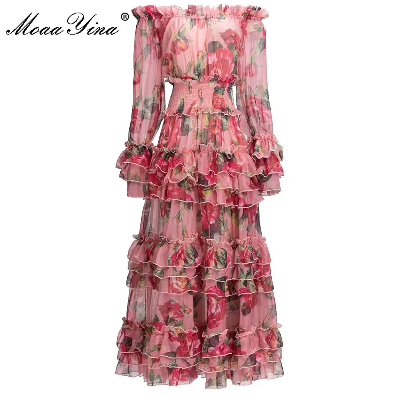 

MoaaYina Fashion Runway dress Autumn Women's Dress Sexy Slash neck Elasticity Flower Print Bohemian Vacation Maxi Dresses