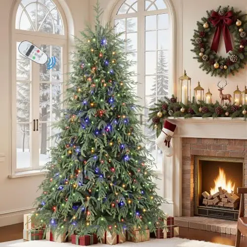 7ft Prelit Hinged Norfolk Pine Artificial Fake Christmas Tree with Remote Control,PE & PVC Branch for Xmas Home Holiday