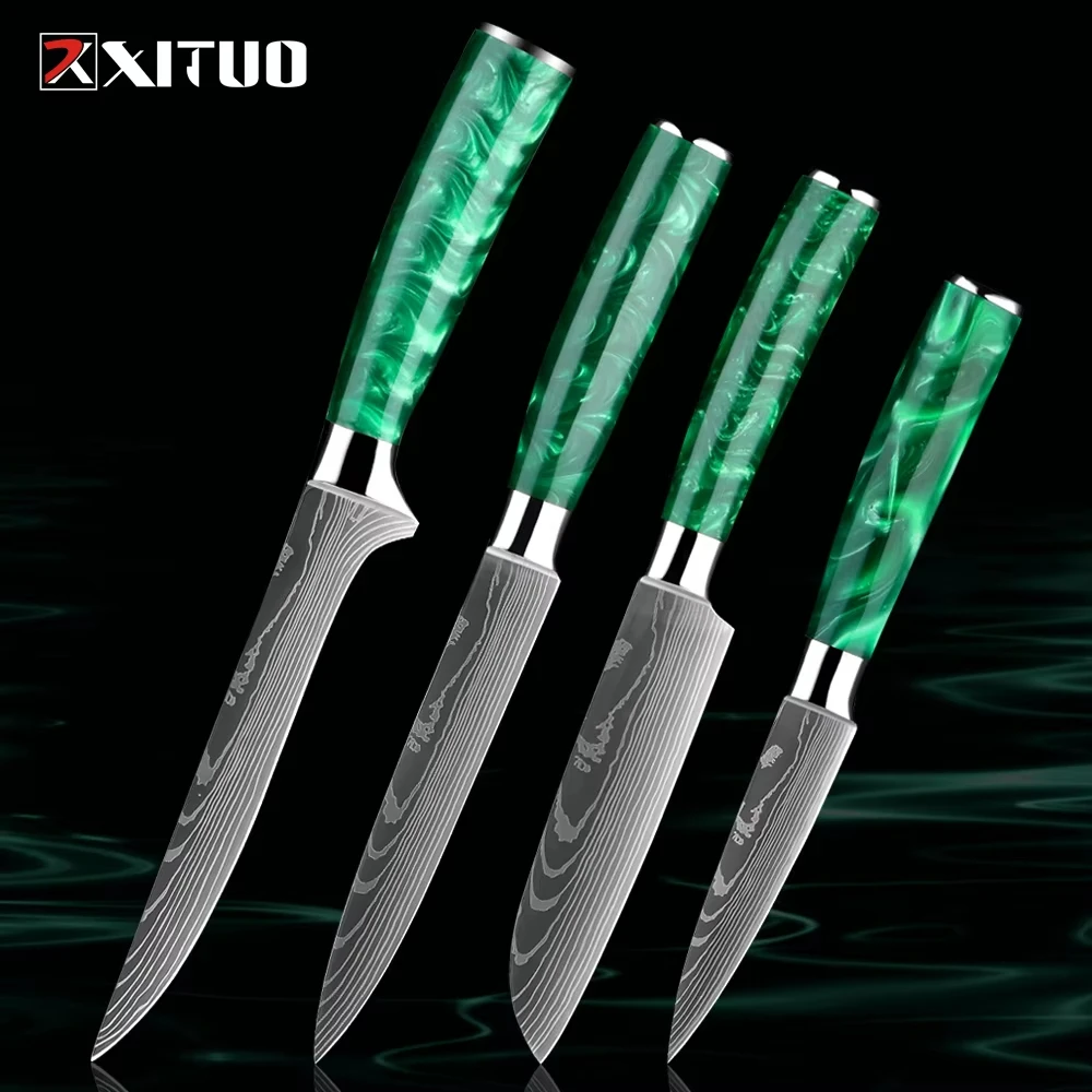 Кухонный нож XITUO для чистки овощей, маленький кухонный нож из дамасской стали, острый нож для фруктов и разделки мяса, эргономичная рукоятка из зеленой смолы