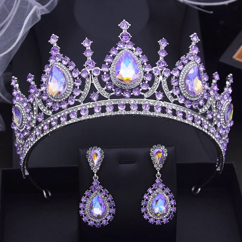 

Baroque Headdress Royal Queen Bridal Crown Sets Purple Champagne Tiaras Earrings Pageant Wedding Jewelry Sets Accessories