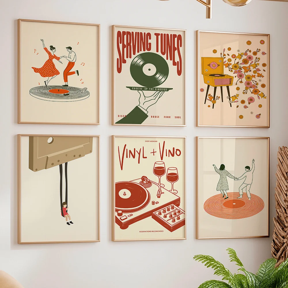 (No frame)1pc Vintage Music Canvas Poster Unframed Retro Turntable Cassette Floral Art Print Wall Decor for Living Room Bedro