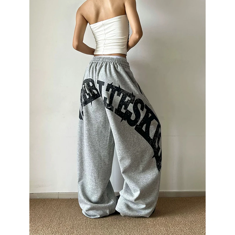 Women Baggy Wide Leg Sweatpants American Letter Print Pants Harajuku Japanese 2000s Style Vintage Y2k Casual Trouse