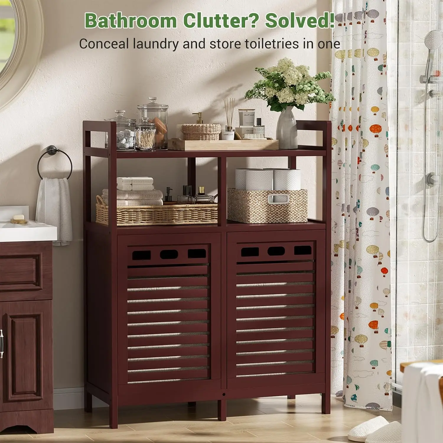 Espresso Bamboo Tilt Out Double Laundry Hamper Cabinet, Laundry Sorter Organizer with Storage Shelf and 2 Removable Baskets, 20 Gal Dirty Clothes Storage Unit for Bathroom Laundry Room