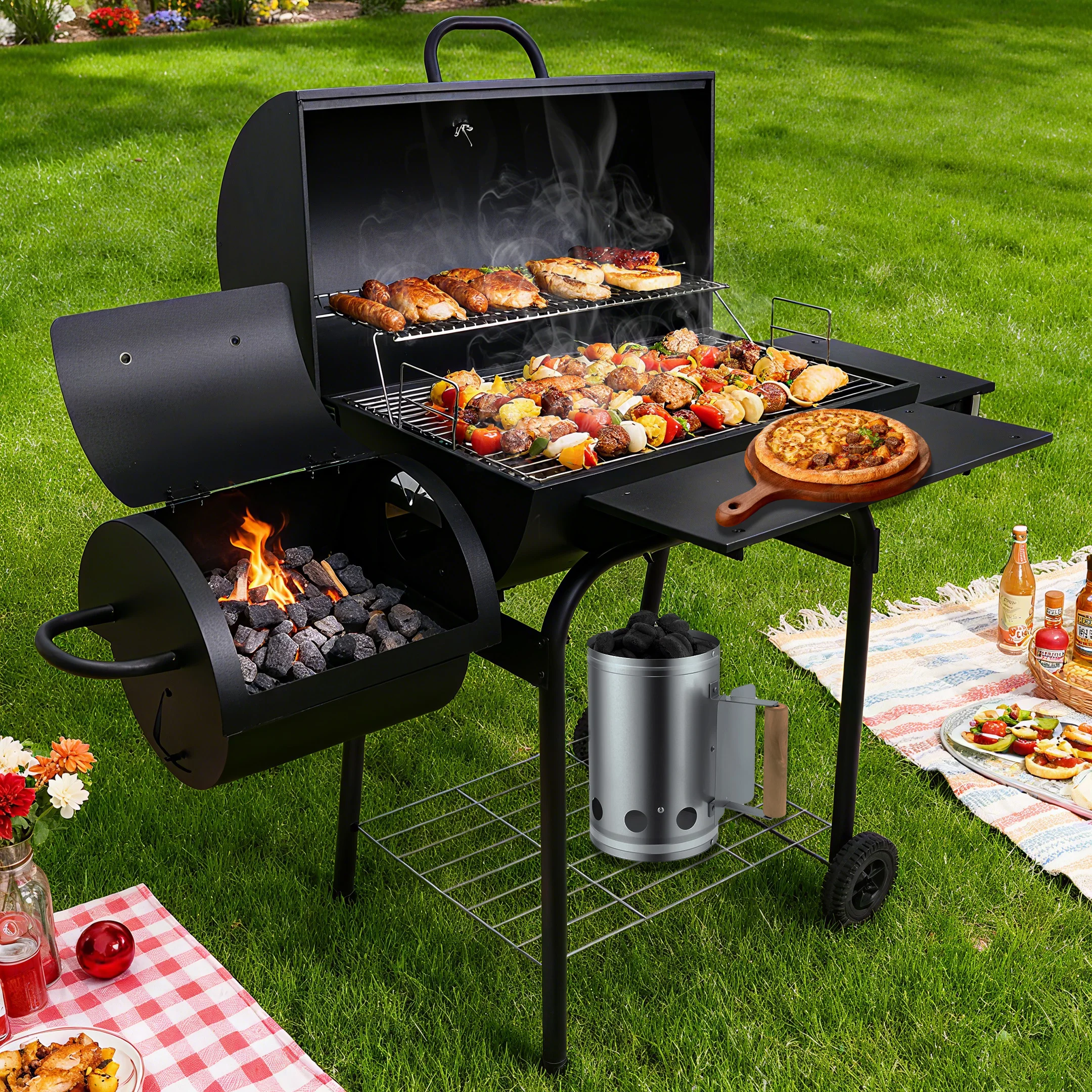 Commercial Modern Steel Offset Smoker, Portable Charcoal Grill with Large Cooking Area for Outdoor Backyard Party BBQ Cooking