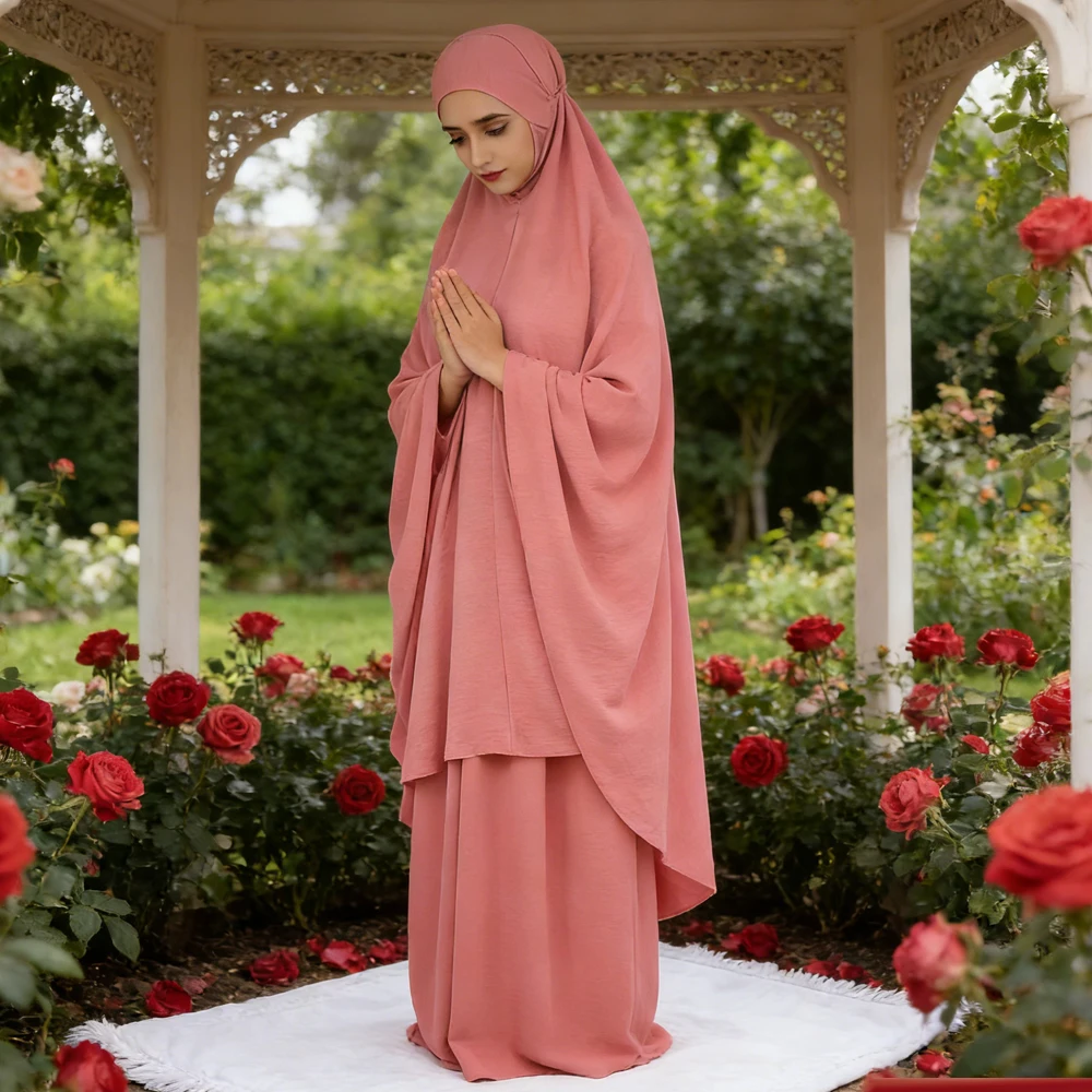 

Eid Prayer Garment Clothes Women Ramadan Islam 2 Piece Set Dubai Turkish Khimar Skirt Overhead Muslim Abaya Kaftan Jalabiya Robe
