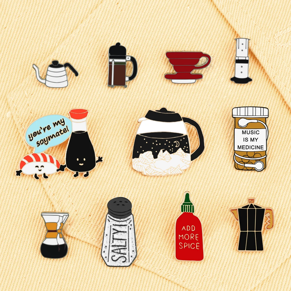 More Styles Coffee Tools Enamel Pins Personality Cruet Brooches Women Men Lapel Pin Badges Jewelry Gift Restaurant Worker Pins