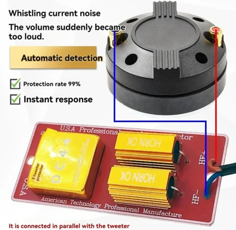 2 профессиональных защиты басов от ожогов, плата защиты тройных частот кроссовера, плата защиты высокочастотных динамиков