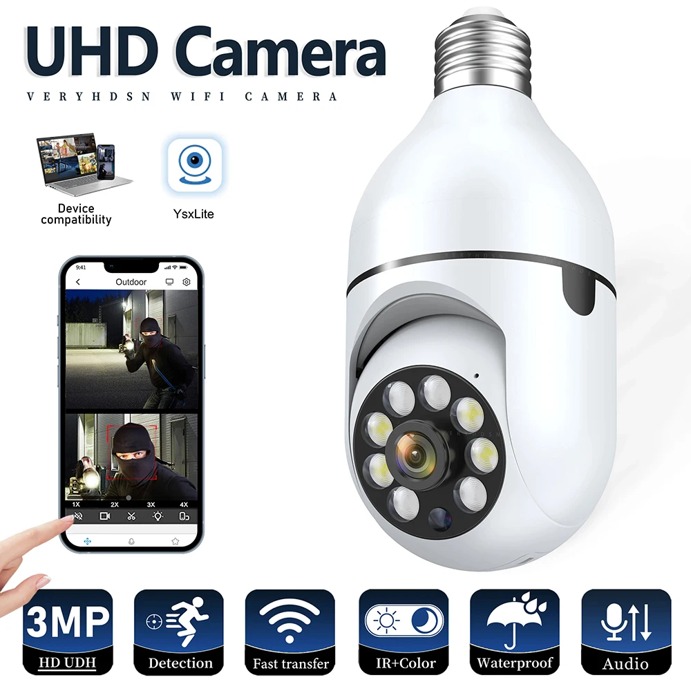 3MP 2.4G واي فاي لمبة الكاميرا 1080P HD اتجاهين الصوت كاميرا الأمن تتبع تلقائي اللون للرؤية الليلية واي فاي كاميرا مراقبة