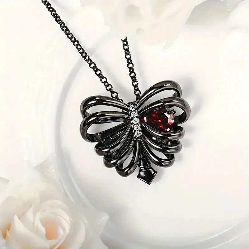 Gothic Black Heart Pendant Necklace with 10mm Red Cubic Zirconia - Vintage Style Copper Fashion Jewelry for Women, Perfect for V