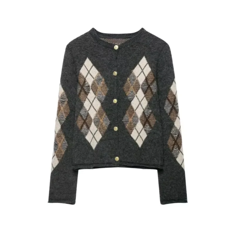 Guobioziy Womens Minimalist Style Argyle Knit Cardigan 2026 Autumn Casual O Neck Long Sleeve Button Up Chic Female Tops view 2