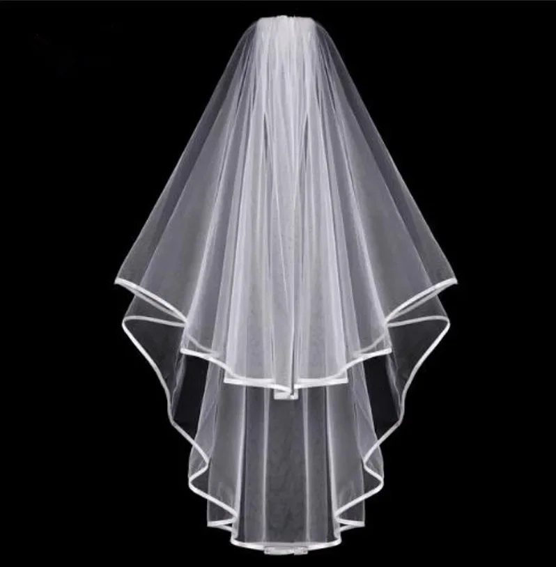 White Ivory Two Layers Short Wedding Veil  with Ribbon in Stock