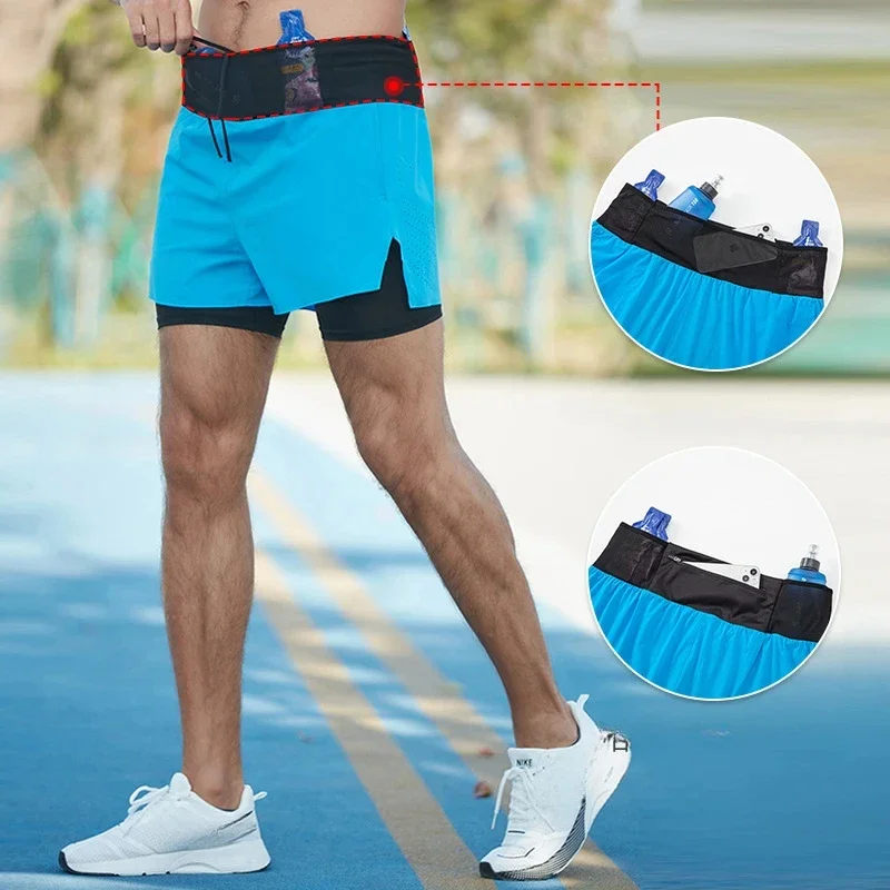 Heren dubbeldeks sneldrogend marathon basketbal hardlopen gym fitness hardloopshorts zak outdoor training jogging workout shorts