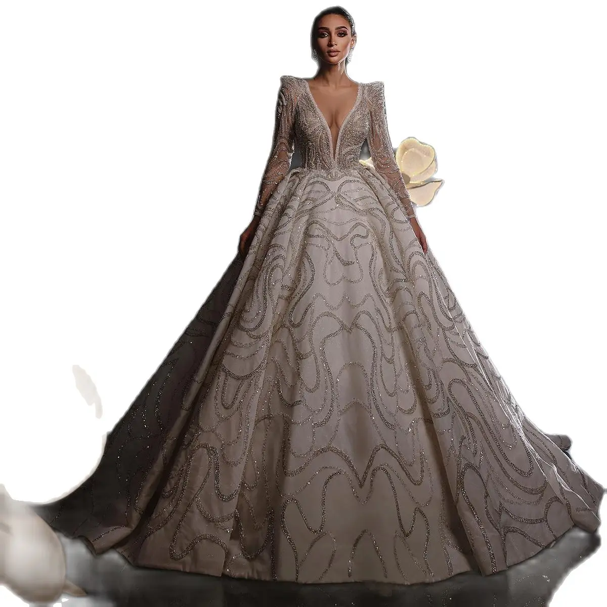 Robe de Mariée en Dentelle à Paillettes, Magnifique Tenue de Bal, Col en V Profond, Appliques, sur Mesure, Manches sulf, Traîne