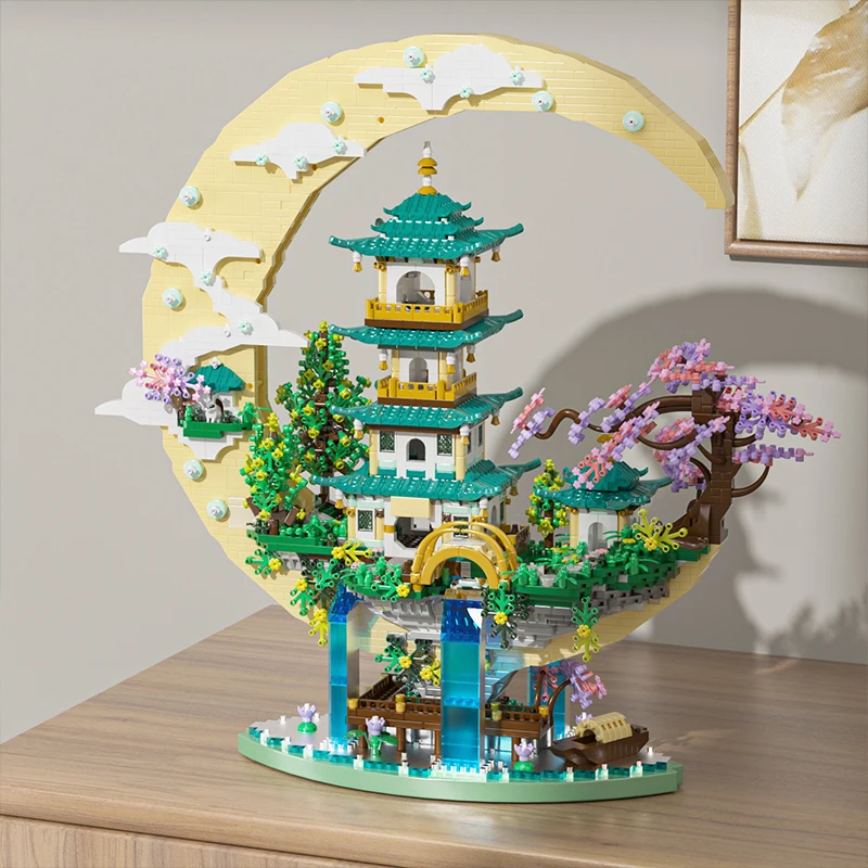 OUZEY 4288+PCS Magical Moon Palace Building Blocks, Light Up Toad Palace & Flower Waterfall, Romantic Chinese Model Display Gift