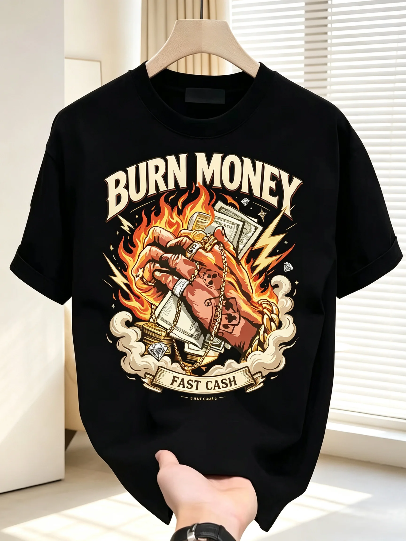 Unisex BURN MONEY Flaming Fist Cash Diamond Graphic T Shirt Men Women Vintage Fast Money Street Style Short Sleeve Black Tee