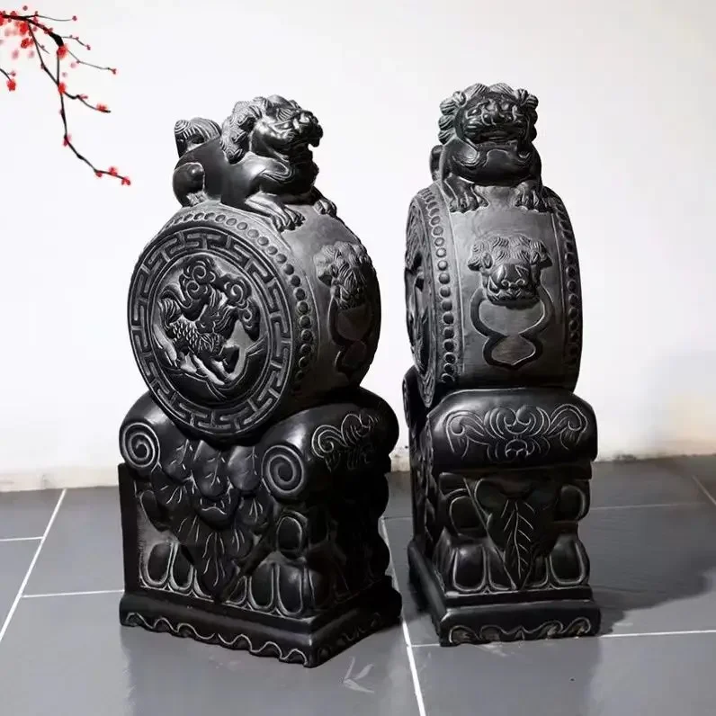 Door pier holding drum bluestone elephant unicorn pair of stone carving town house door ornament