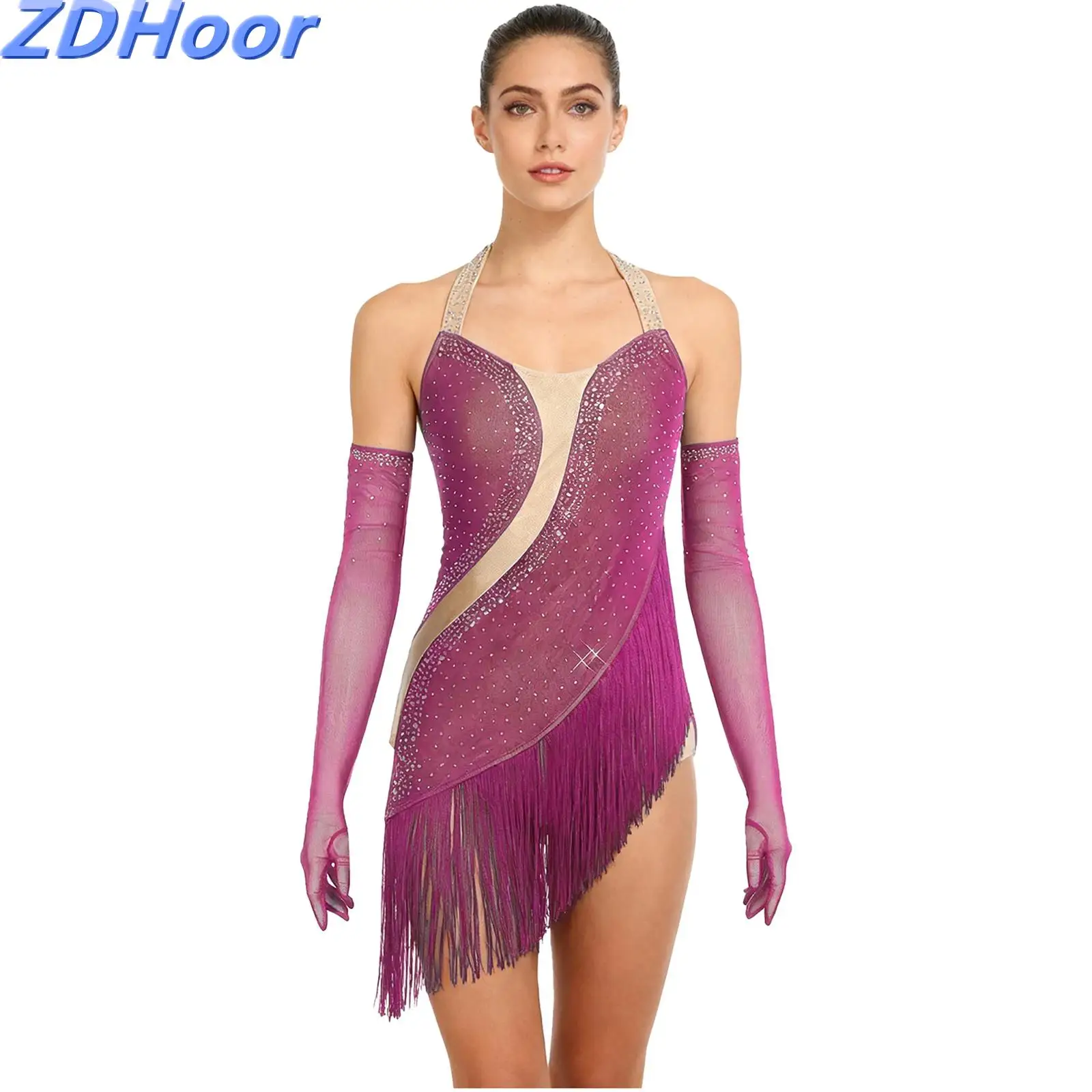 

Womens Tango Cha-cha Latin Dance Jumpsuit Rhinestone Tassel Bodysuit with Gloves Halter Backless Irregular Hem Leotard