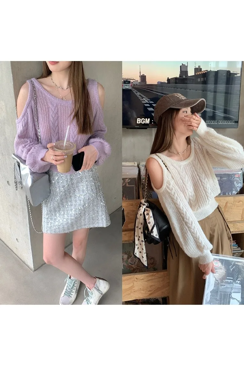 

oulder-baring Loose Knit Sweater for Women Pure Color Design Autumn New Sle Yang Bubble Fall Faion Casual Slimming Top