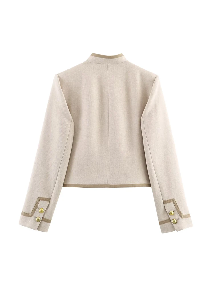 معاطف عصرية بنصف الياقة العالية للنساء أنيقة بأكمام طويلة سترة قصيرة واحدة الصدر لخريف وشتاء 2025 ملابس خارجية نسائية كلاسيكية