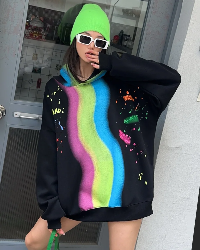 Casual Rainbow Color Oversized Hoodies Tops Women Plus Size Sweatershirt Sportwear Y2k Clothes Outwear Bust 150cm 2024 Autumn