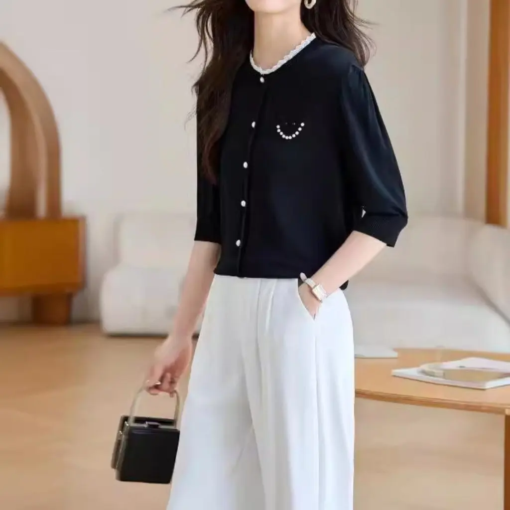 

Smiley Beaded Knitted Cardigan for Women plus Size Elegant Loose Slimming Top Age-Reducing Summer Open Front Casual Wear