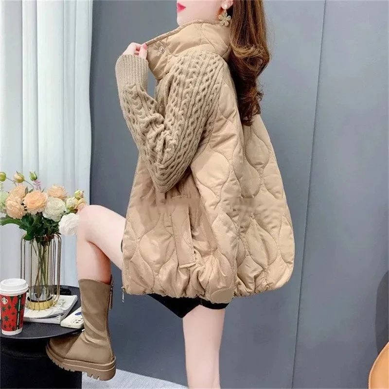 Women Standing Collar sweater Patchwork Down cotton coat Female Autumn Winter 2023 New Loose Design Cardigan Outcoat Top Ladies