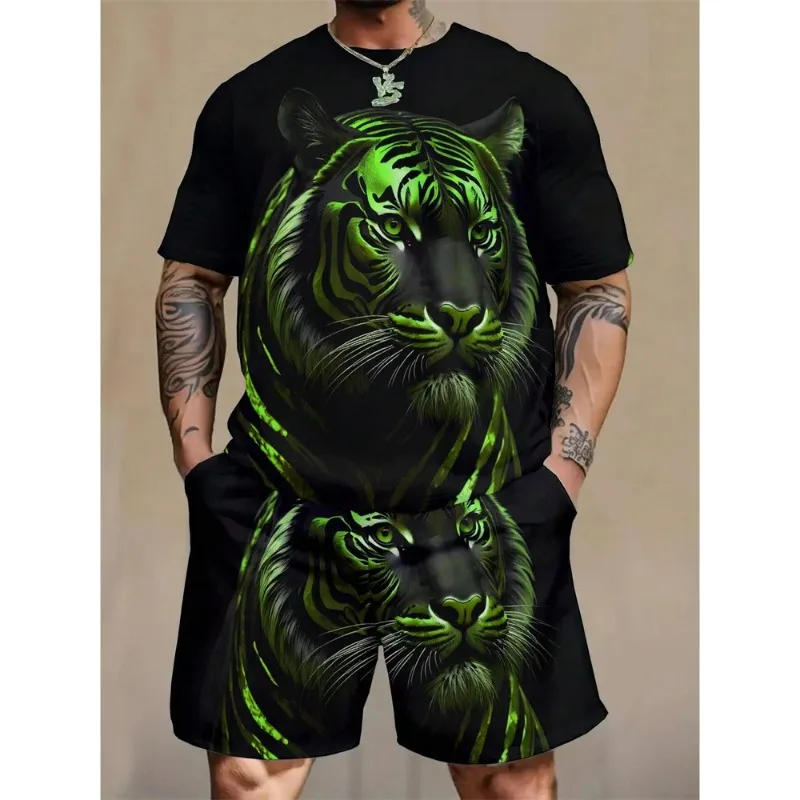 

2025 New 3D Printed Short Sleeve Shorts 2-piece Set Round Neck Short Sleeve T-shirt Fashion Shorts Set Men's Summer Sports Set