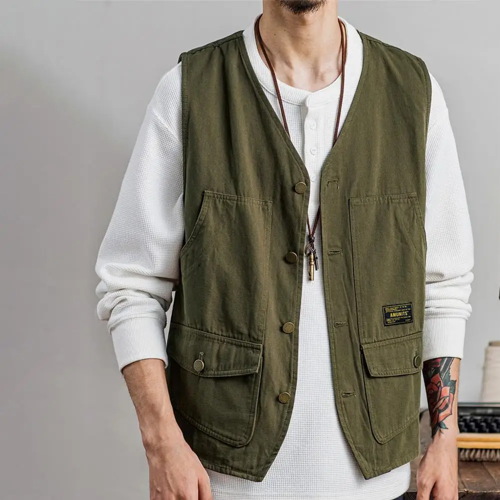 men cargo Waistcoat Vintage American style V Neck Pockets Single Breasted Vest All Match Sporty Pure Color Straight Casual Vest