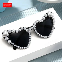 KLASSNUM Women Heart Shaped Pearl Sunglasses Wedding Sun Glasses Cat Eye Shades UV400 Goggles Luxury Funny Party Sunglasses