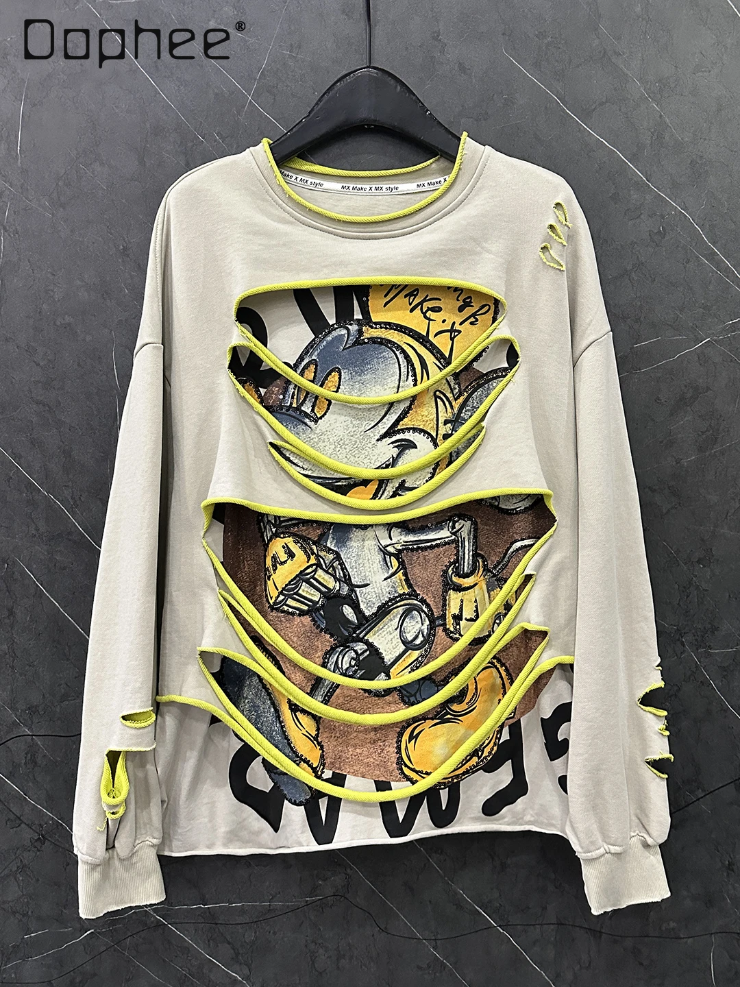 

2025 Autumn New Distressed Fake Two-Piece Crew Neck Cartoon Sweatshirt for Women Loose Casual Fashion Printed Pullover Top