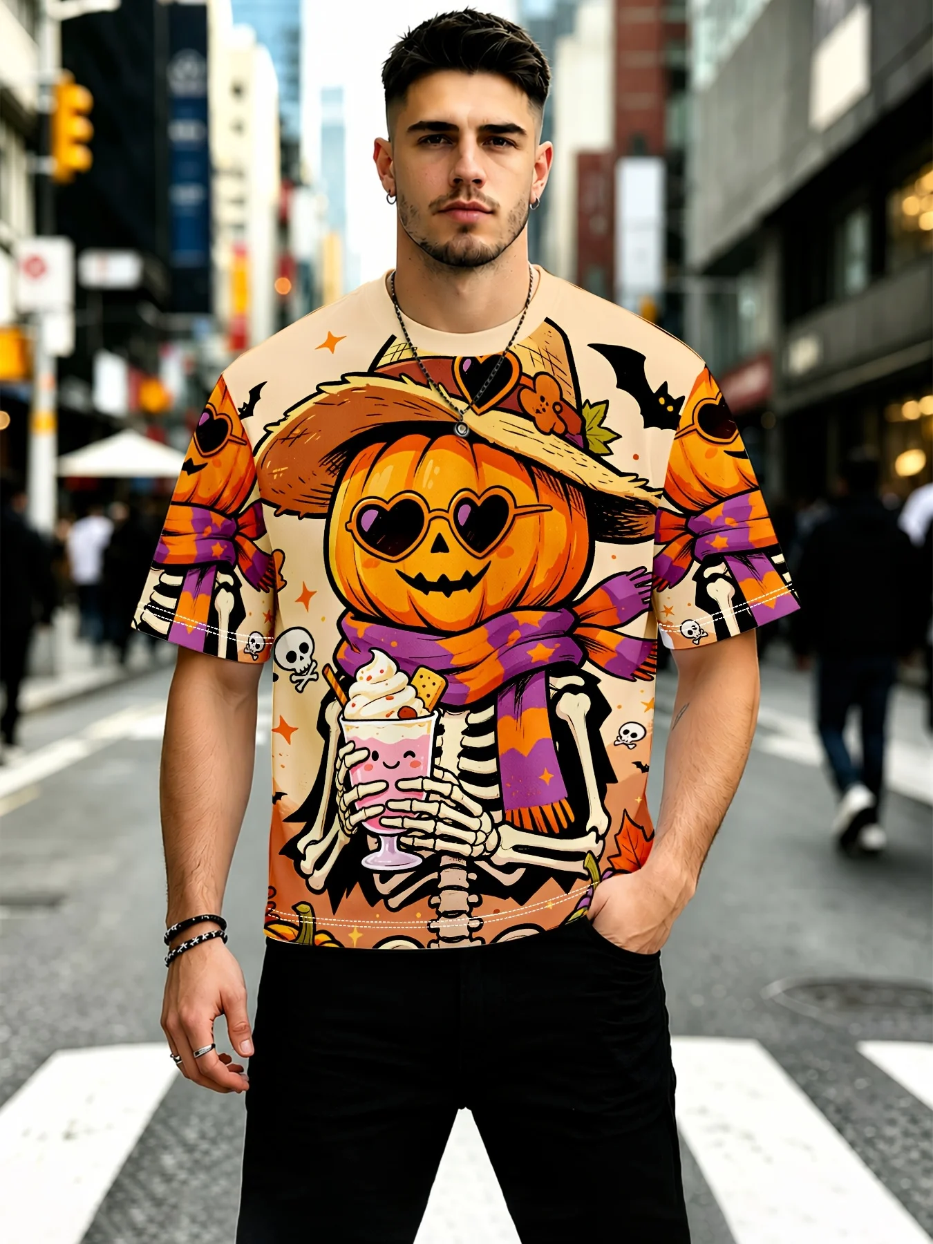Men Short Sleeve Crew Neck T‑Shirt Cool Pumpkin Witch Hat Skeleton Cocktail Halloween Holiday Street Tops