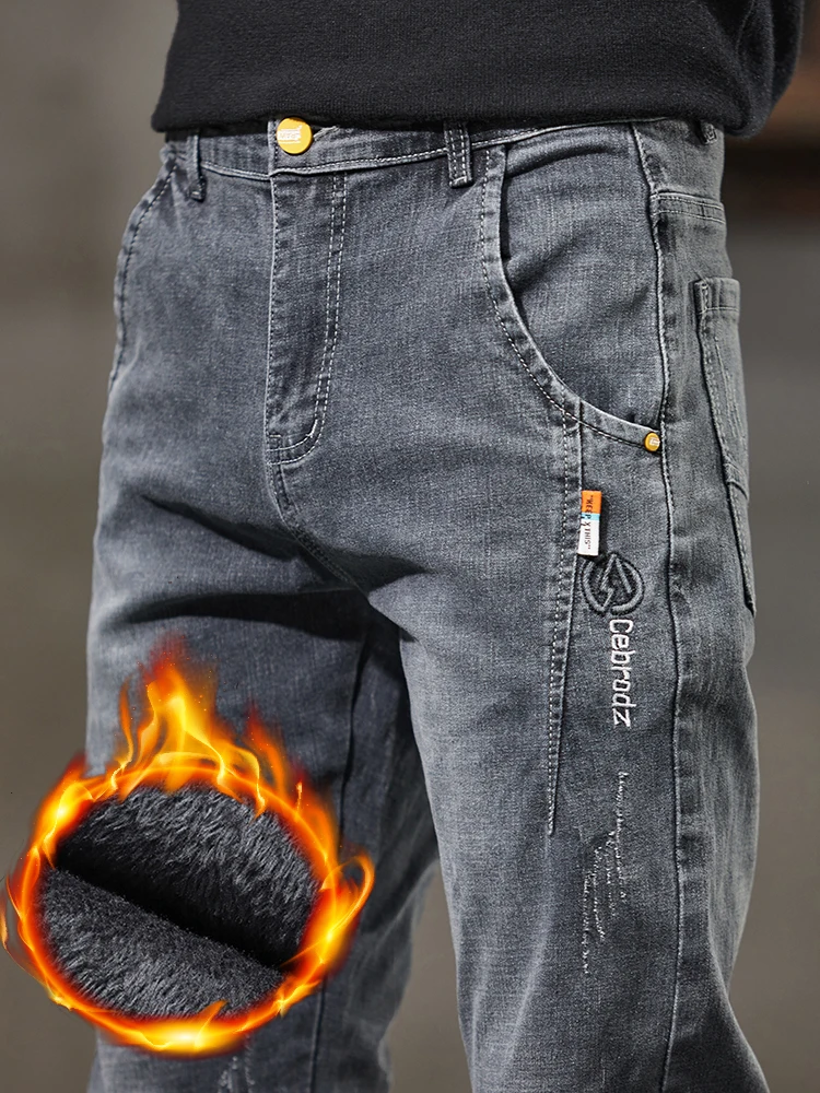

Men's Thick Winter Jeans Slim Elastic Velvet Warm Business Casual Trousers Fashion Vintage Straight Male Plush Denim Pants