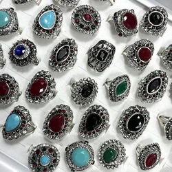 10Pcs Fashion Vintage Multicolor Stone Silver Plated Ring Tibetan Silver Retro Rings For Women Jewelry Bulks Rings Lots LR4214