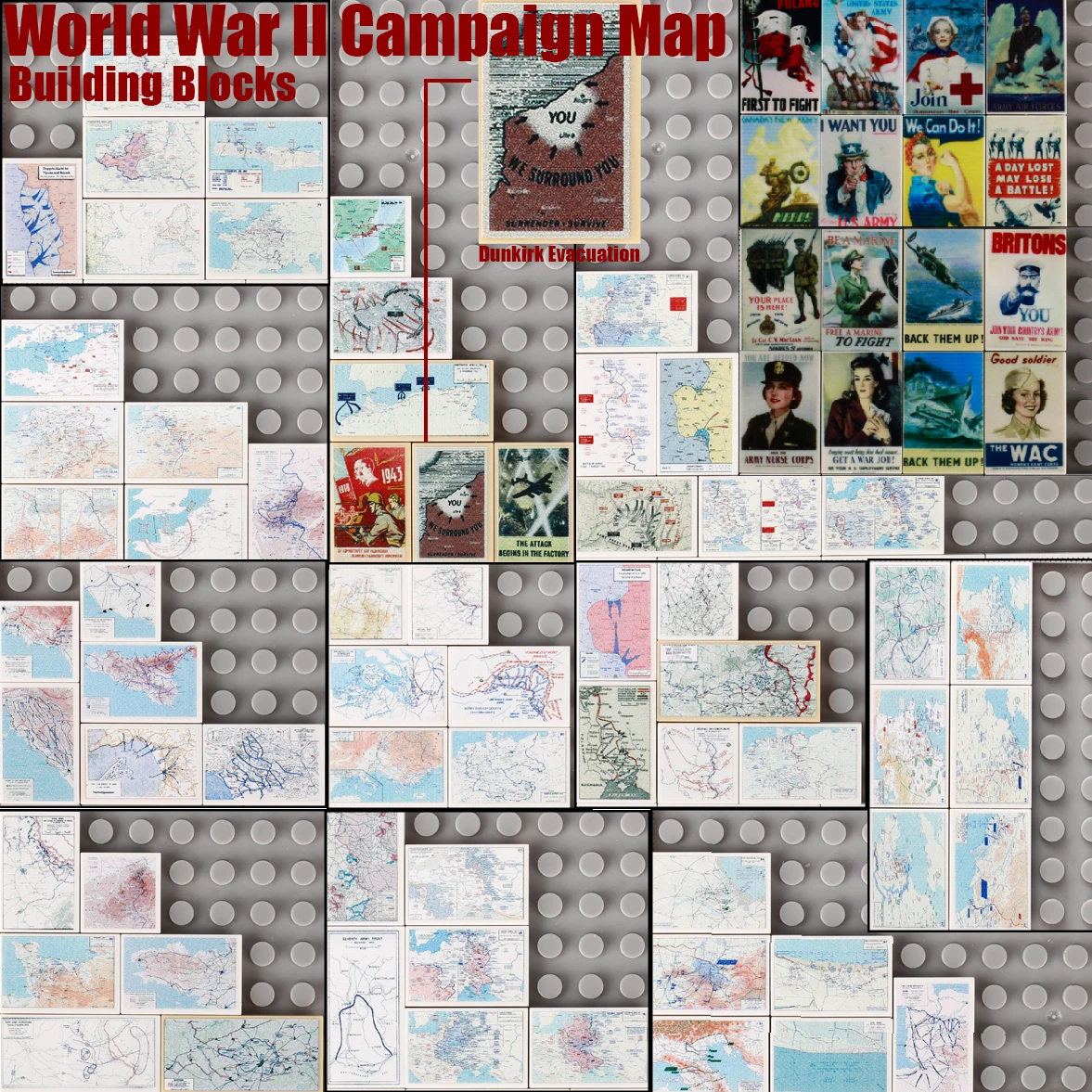 WW2 Military Campaign Map Building Blocks Dunkirk Normandy Soviet Poster Western Front Printed Tiles Berlin Battle Bricks Toys