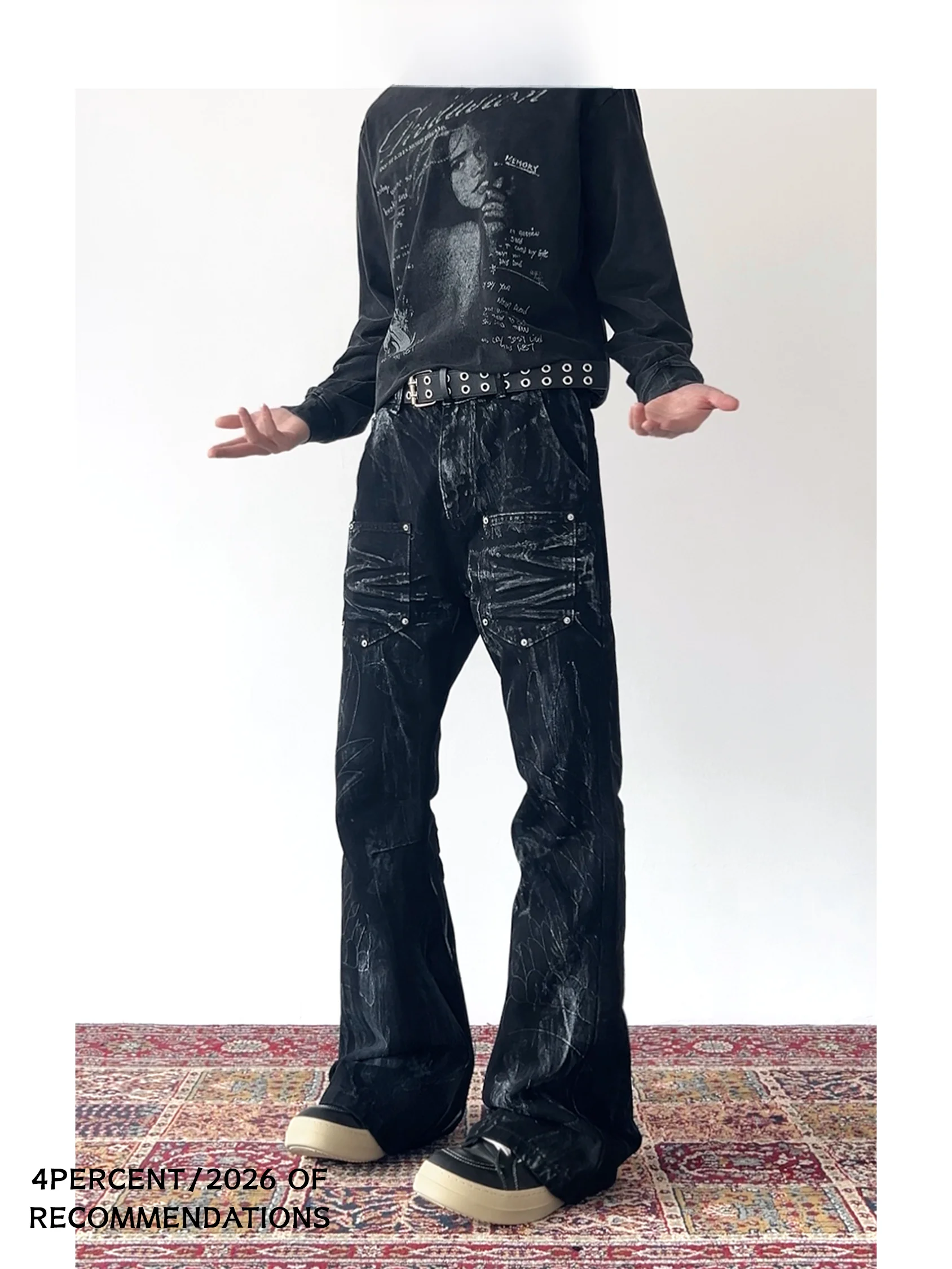 Jeans Pretos com 4% de Corante, Bordados com Asas de Anjo, Estilo Vintage, Calças Longas Flare para Homens e Mulheres, Estilo...