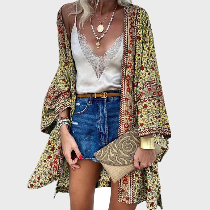 Women's New Loose Bohemian Long Sleeved Printed Mid Length Cardigan