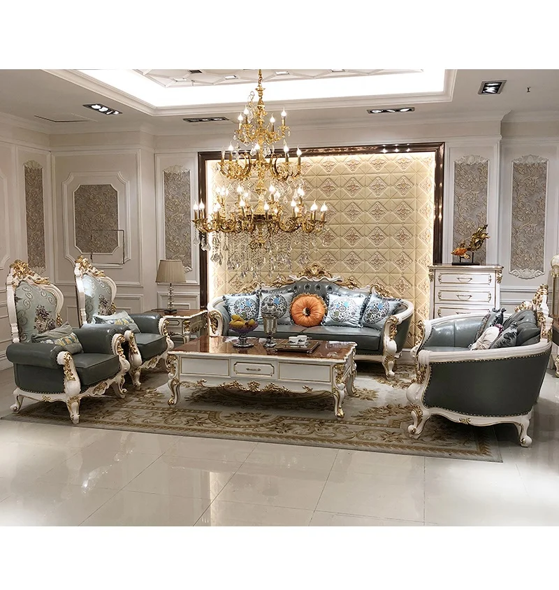 

European style first floor cowhide sofa large family combination luxury villa living room neoclassical leather art solid wood fu