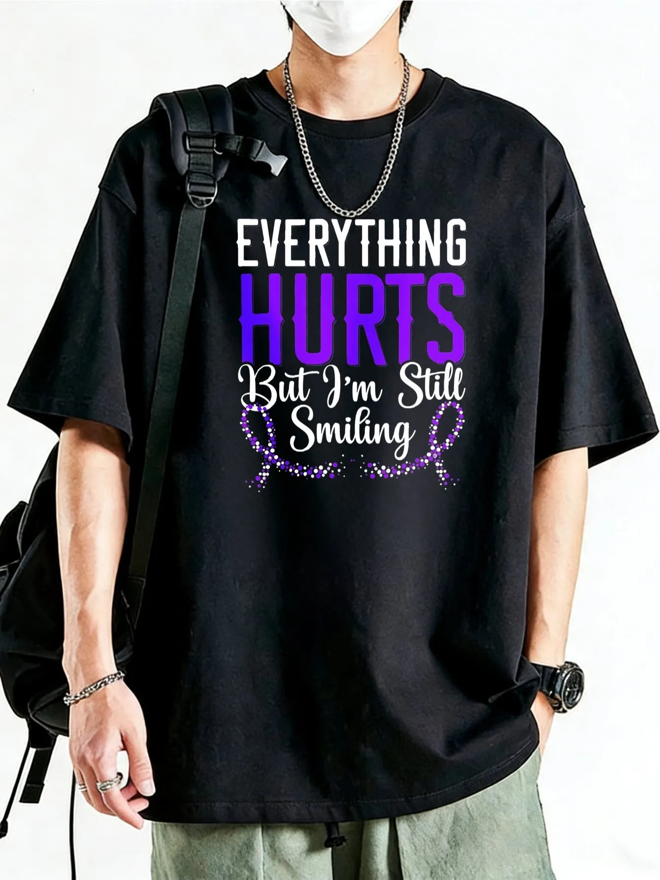 

Rainbow Graphic Black Tee, Men's Trendy Streetwear Cotton Tee, Loose Crew Neck Summer, Rainbow Print