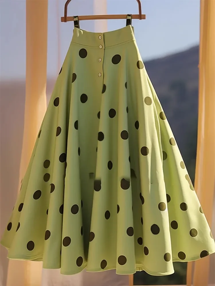 

Mint Mambo Green Polka Dot Full Skirts Mid Length Flowing Skirt Frence Retro Designer Elegant Women Aesthetic Dresses All-match