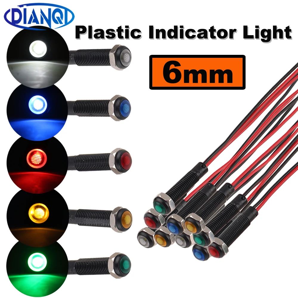 1pc 6mm 산화 검정색 플라스틱 표시 등 미니 경고 LED 파일럿 신호 램프 6V12V 24V 220V 와이어 빨간색 노란색 파란색 녹색