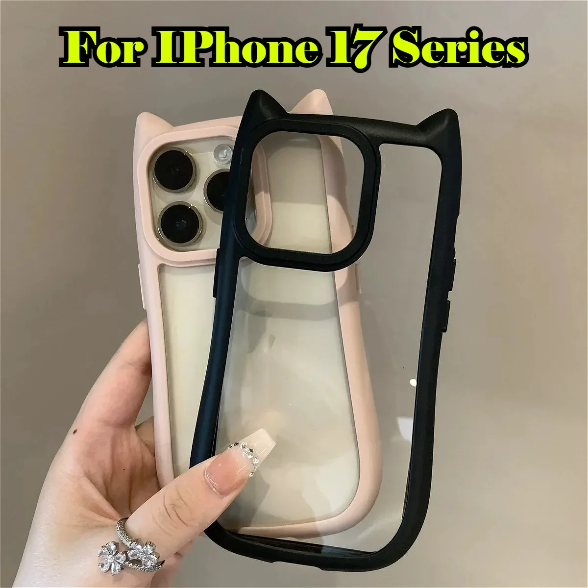 Coques transparentes en acrylique 3D avec oreilles de chat de dessin animé pour iPhone 17 Air 16 E 15 14 13 12 Pro Max 11 Edge, coque antichoc en silicone Kawaii