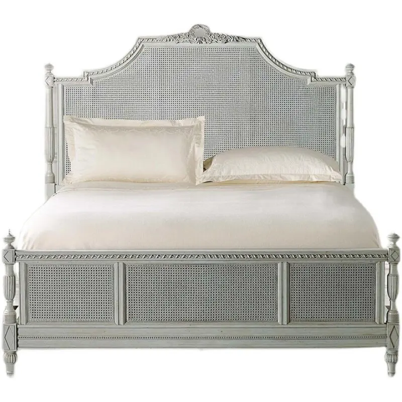 ^American-style Solid Oak Wood Princess-inspired Double Bed 1.8m Vintage Distressed Carving Master Bedroom Villa