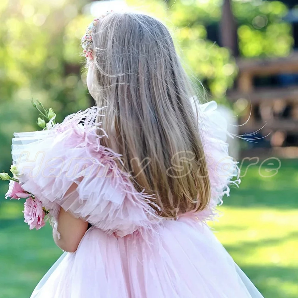 Yipeisha-Vestidos de Fiesta de plumas para niñas, cuello cuadrado, volantes, una línea frontal, espalda corta, Vestido largo de tul para niñas, vestido de comunión