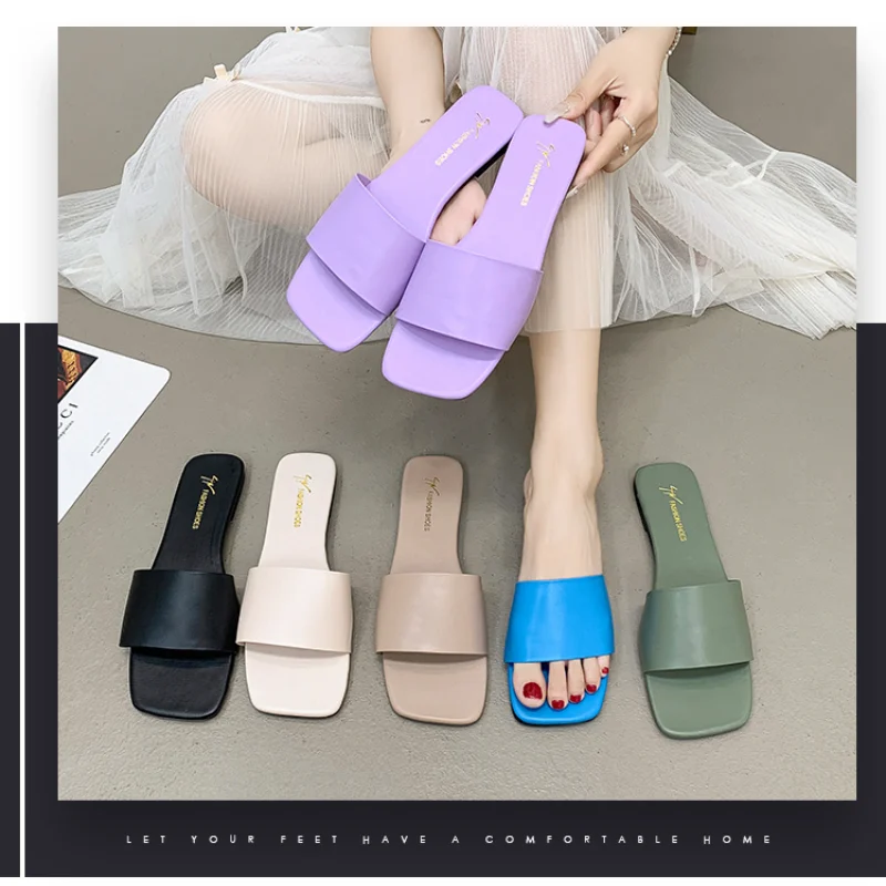 Summer Women's Slippers Outdoor Beach Flip Flops Square Head Design Korean Plus Size Shoes