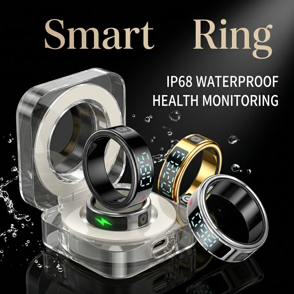 

Мужское умное кольцо с LED-дисплеем, сенсорным управлением, зарядным чехлом, функцией отслеживания активности, сна, частоты сердечных сокращений, уровня кислорода в крови, водонепроницаемостью IP68