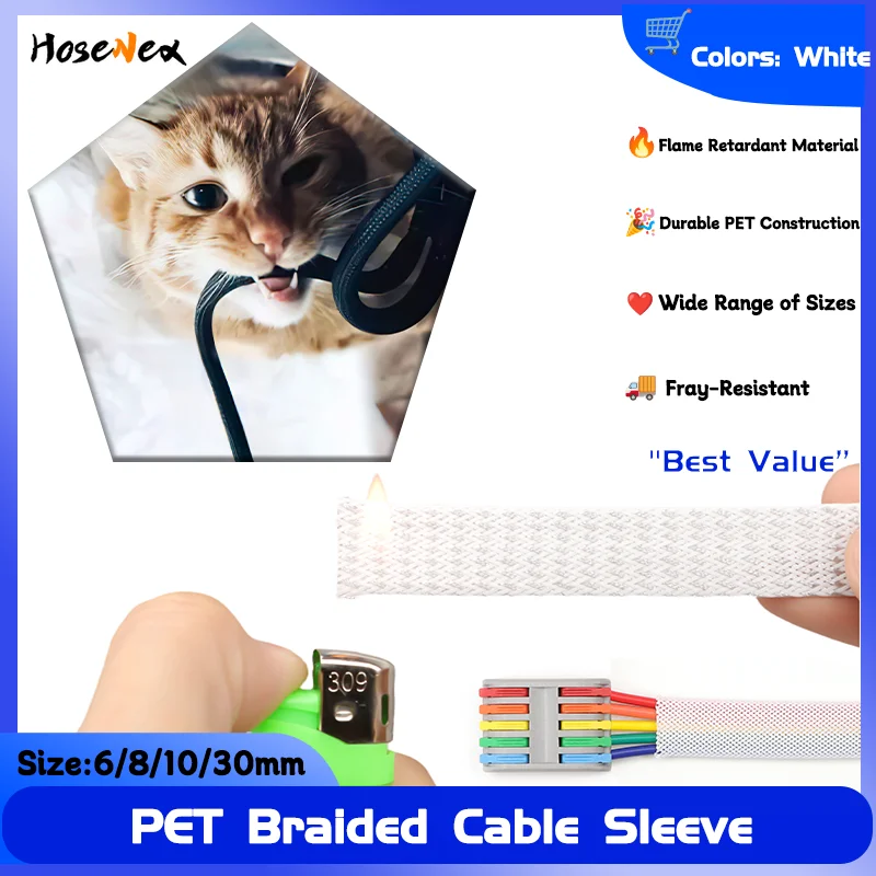

White PET Braided Cable Sleeve 6/8/10/30mm - Flame Retardant Flexible Wire Loom for Cable Protection 1/5/10 Meter Lengths Sleeve